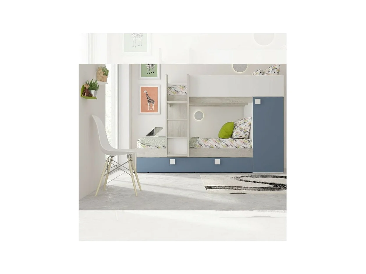 Letto a castello bianco consumato e azzurro con letto estraibile