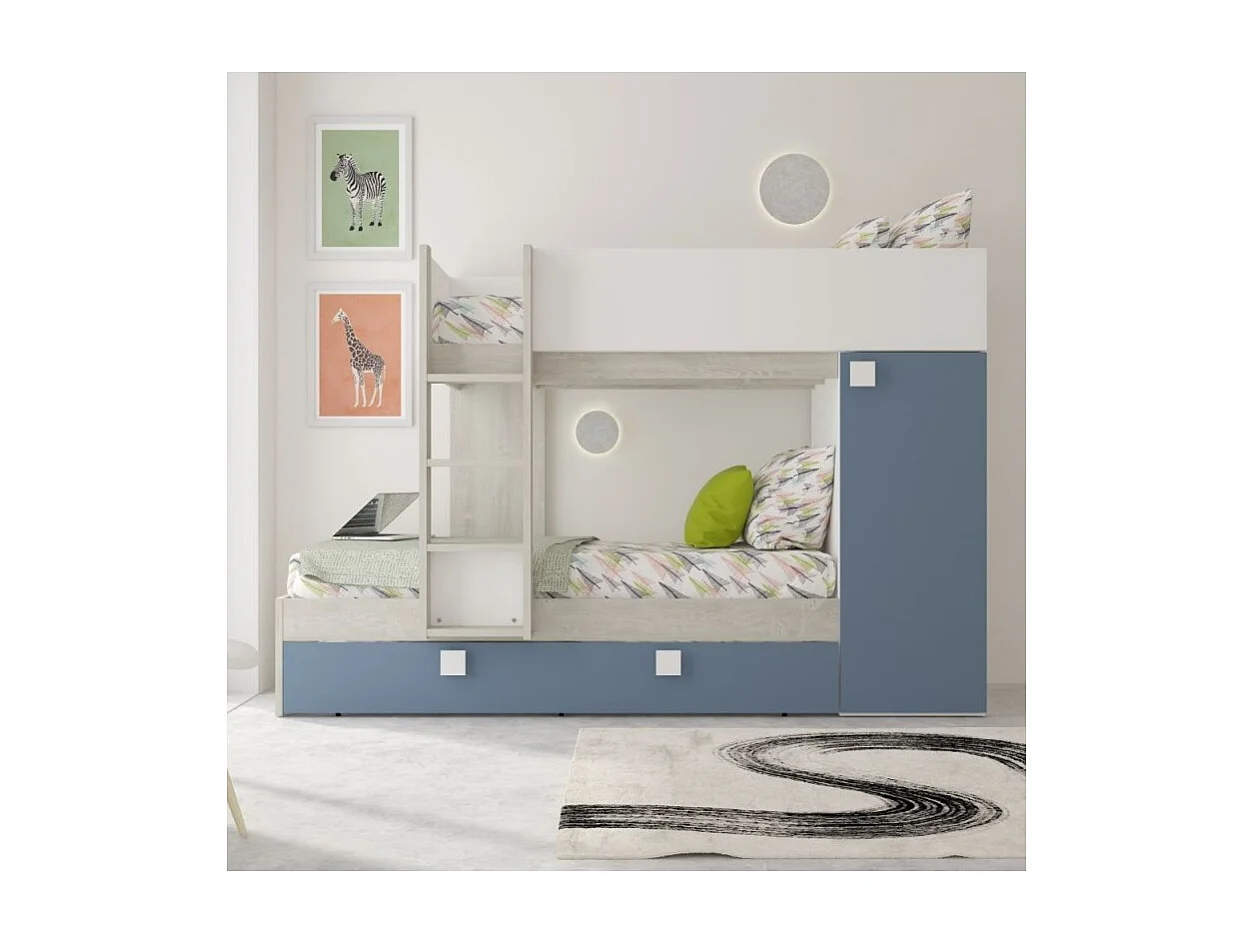 Letto a castello bianco consumato e azzurro con letto estraibile