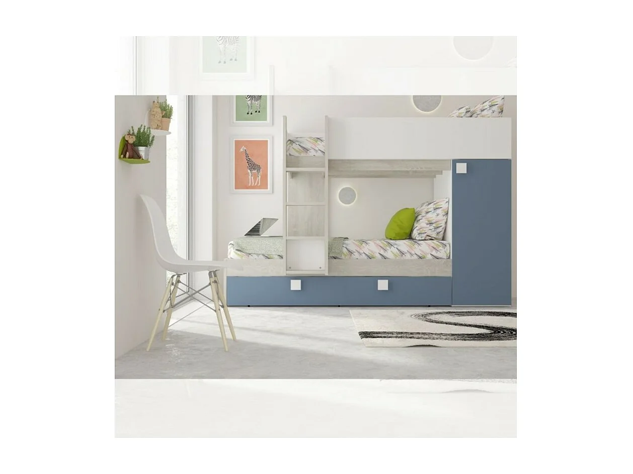 Letto a castello bianco consumato e azzurro con letto estraibile