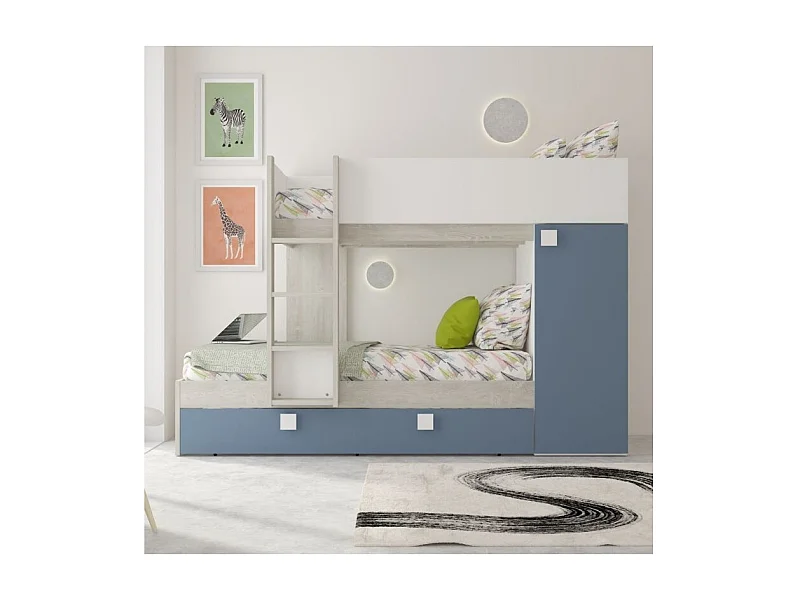 Letto a castello bianco consumato e azzurro con letto estraibile