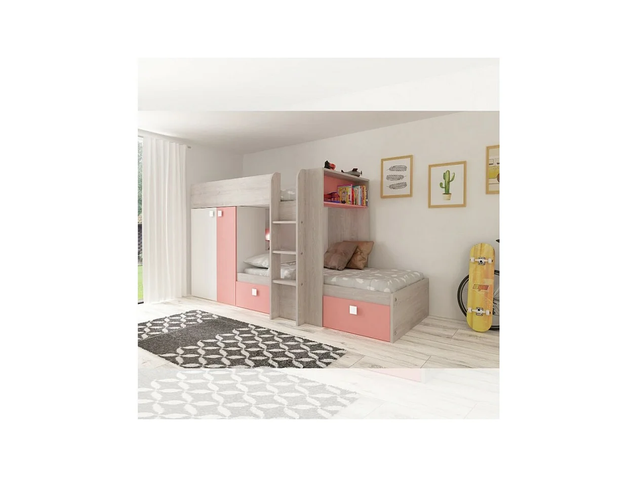 Letto a castello bianco consumato e rosa flamingo con armadio e cassetti 1267