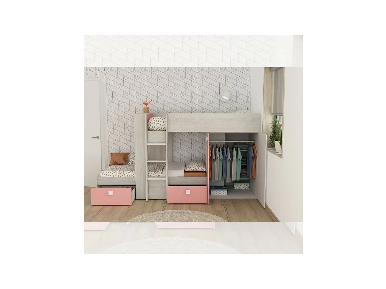 Letto a castello bianco consumato e rosa flamingo con armadio e cassetti 1267