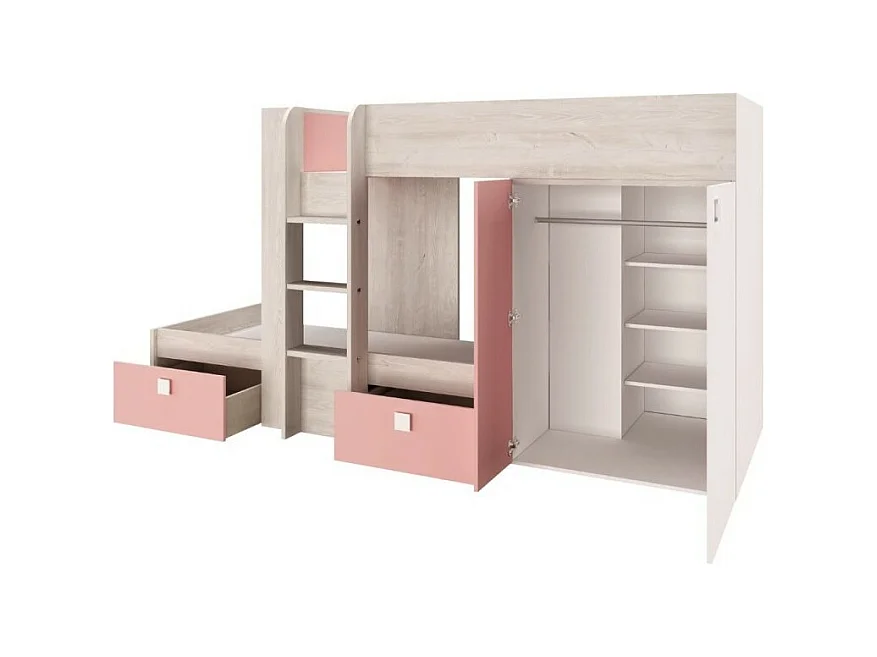 Letto a castello bianco consumato e rosa flamingo con armadio e cassetti 1267