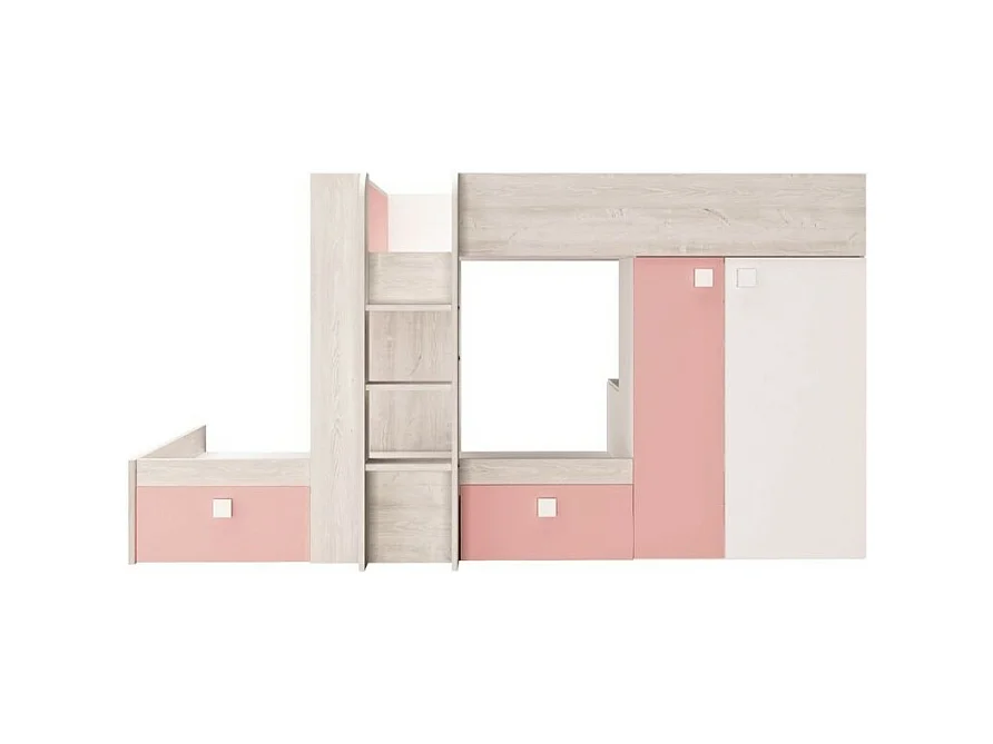 Letto a castello bianco consumato e rosa flamingo con armadio e cassetti 1267