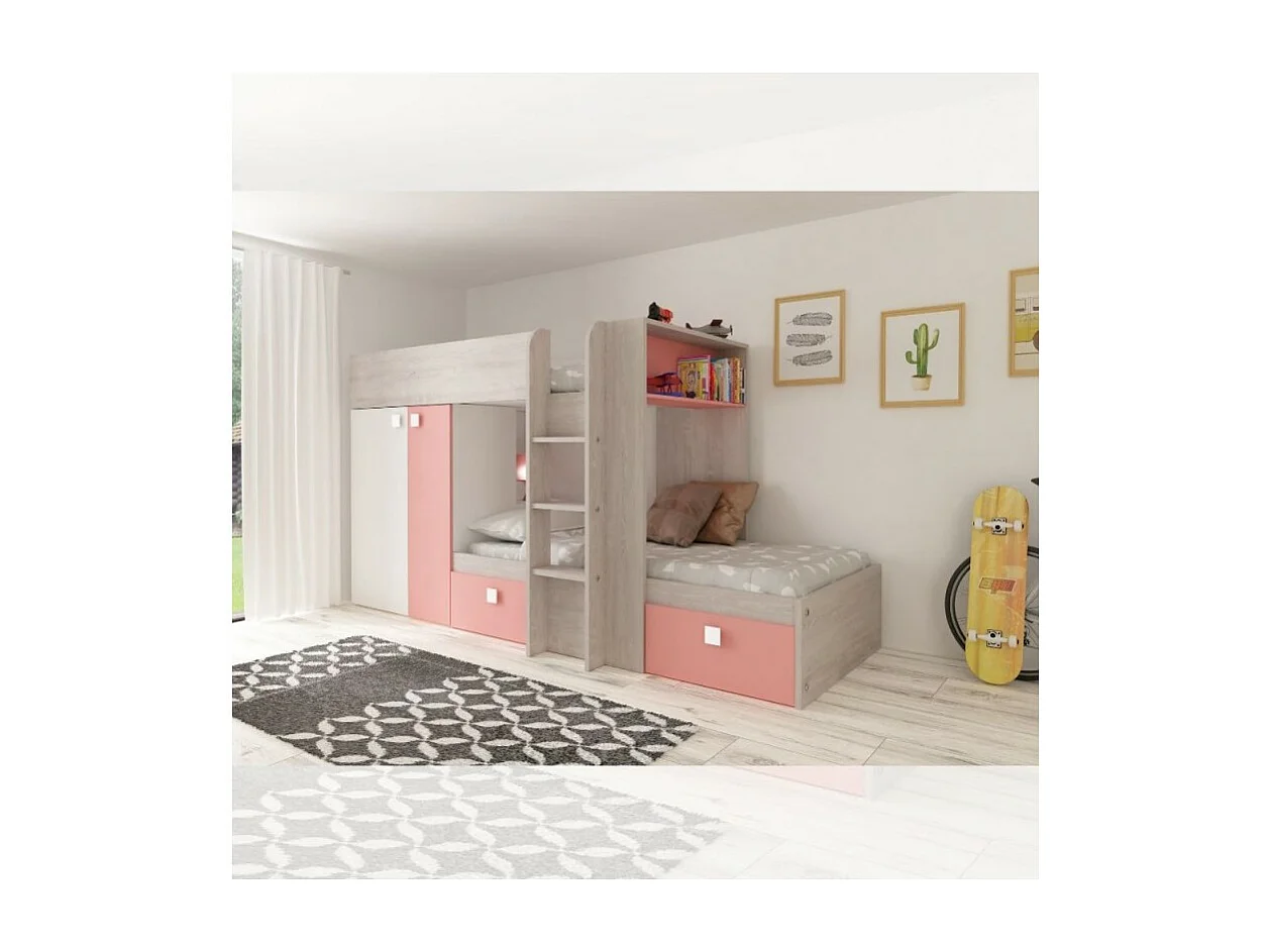 Letto a castello bianco consumato e rosa flamingo con armadio e cassetti 1267