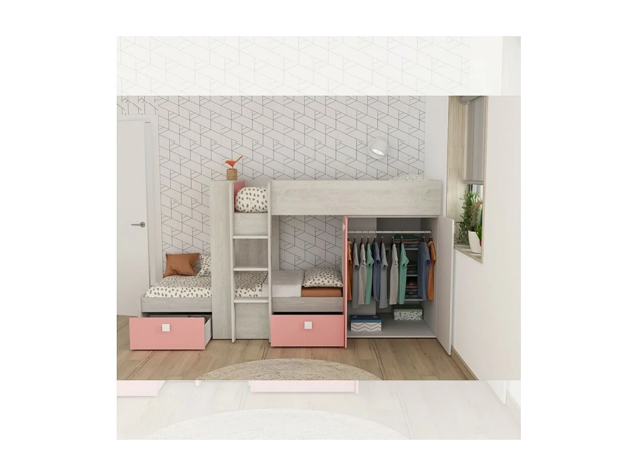 Letto a castello bianco consumato e rosa flamingo con armadio e cassetti 1267