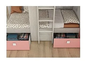 Letto a castello bianco consumato e rosa flamingo con armadio e cassetti 1267