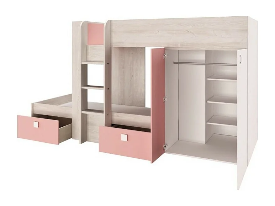 Letto a castello bianco consumato e rosa flamingo con armadio e cassetti 1267