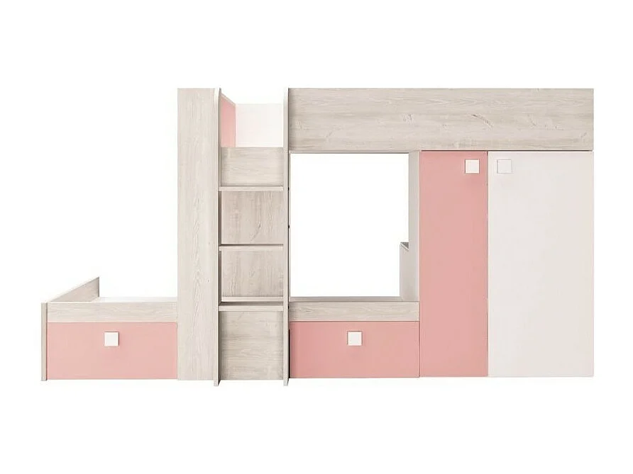 Letto a castello bianco consumato e rosa flamingo con armadio e cassetti 1267