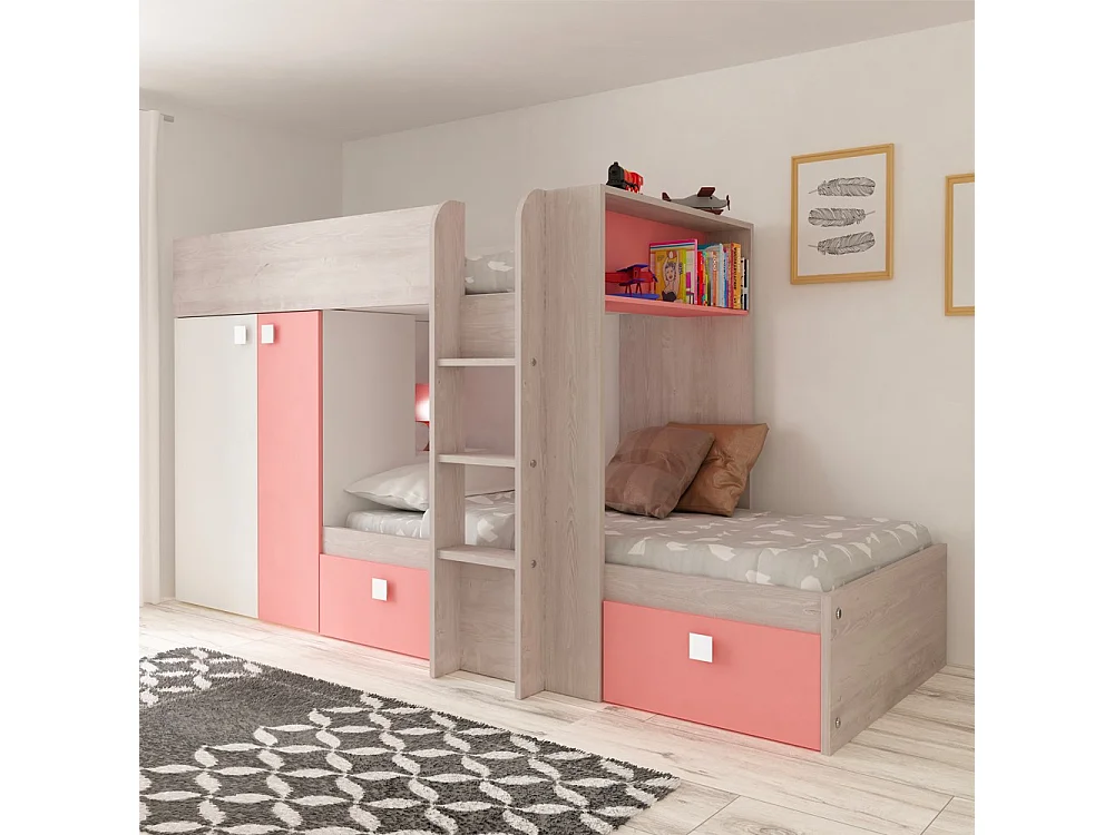 Letto a castello bianco consumato e rosa flamingo con armadio e cassetti 1267