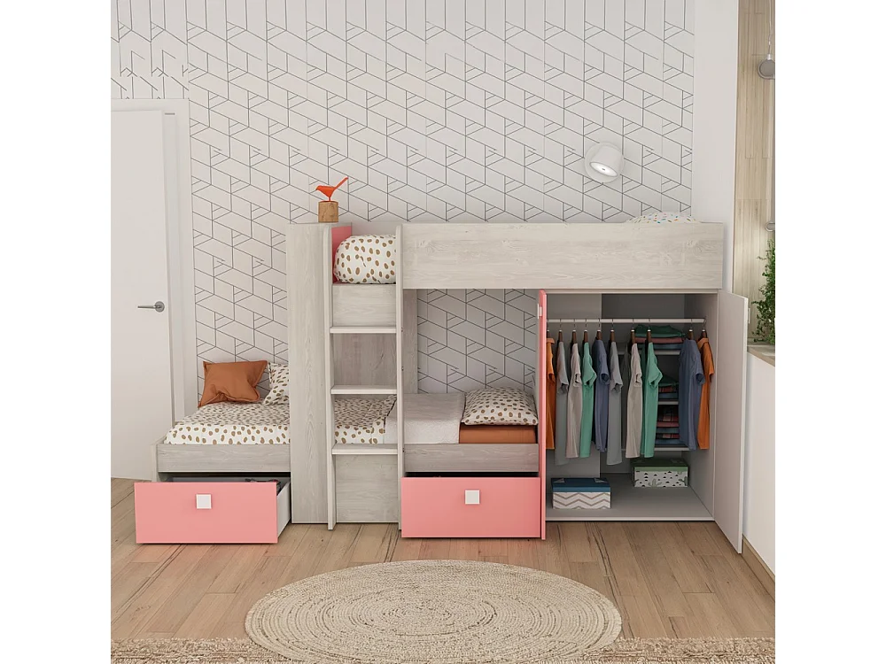 Letto a castello bianco consumato e rosa flamingo con armadio e cassetti 1267