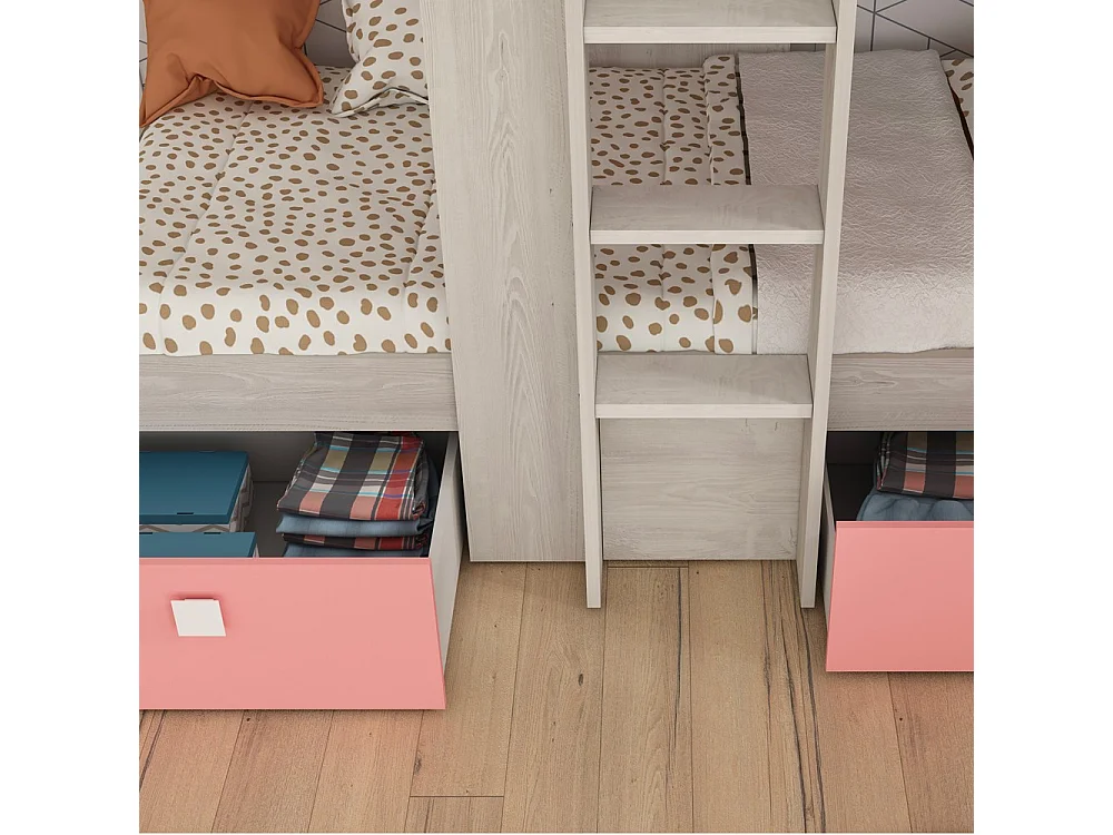 Letto a castello bianco consumato e rosa flamingo con armadio e cassetti 1267