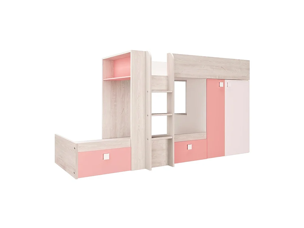 Letto a castello bianco consumato e rosa flamingo con armadio e cassetti 1267