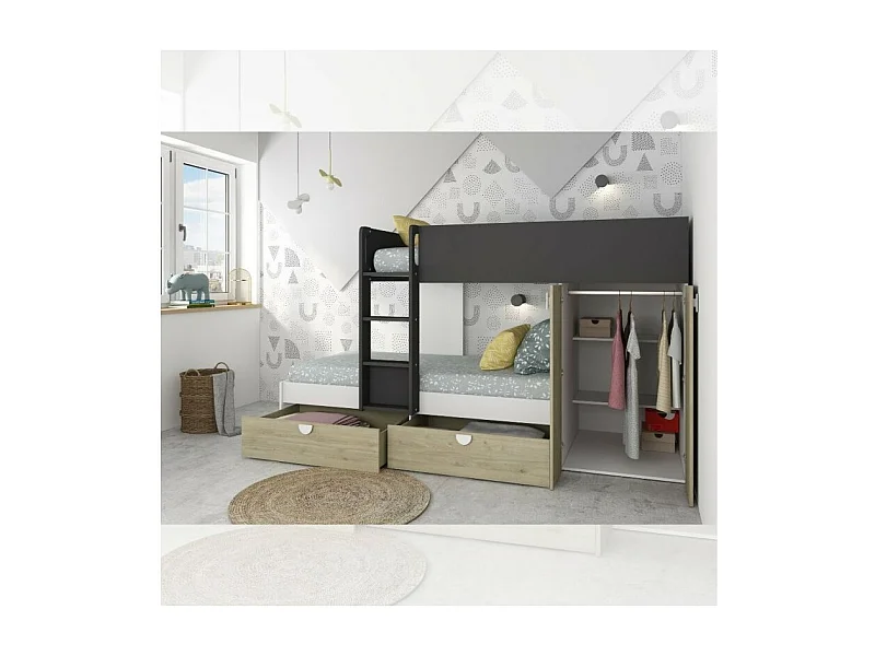 Letto a castello rovere e antracite con armadio 2 ante e cassetti