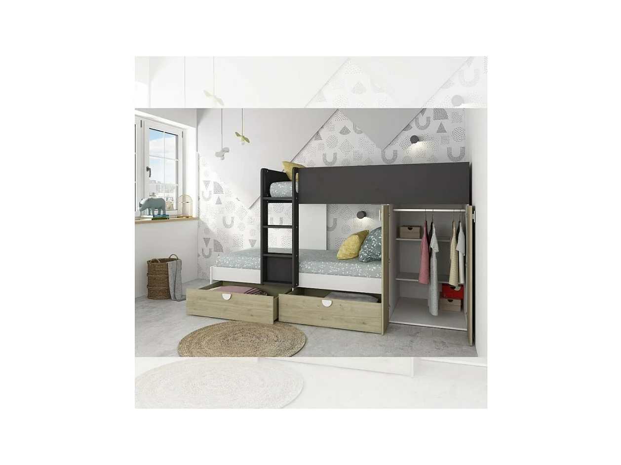 Letto a castello rovere e antracite con armadio 2 ante e cassetti