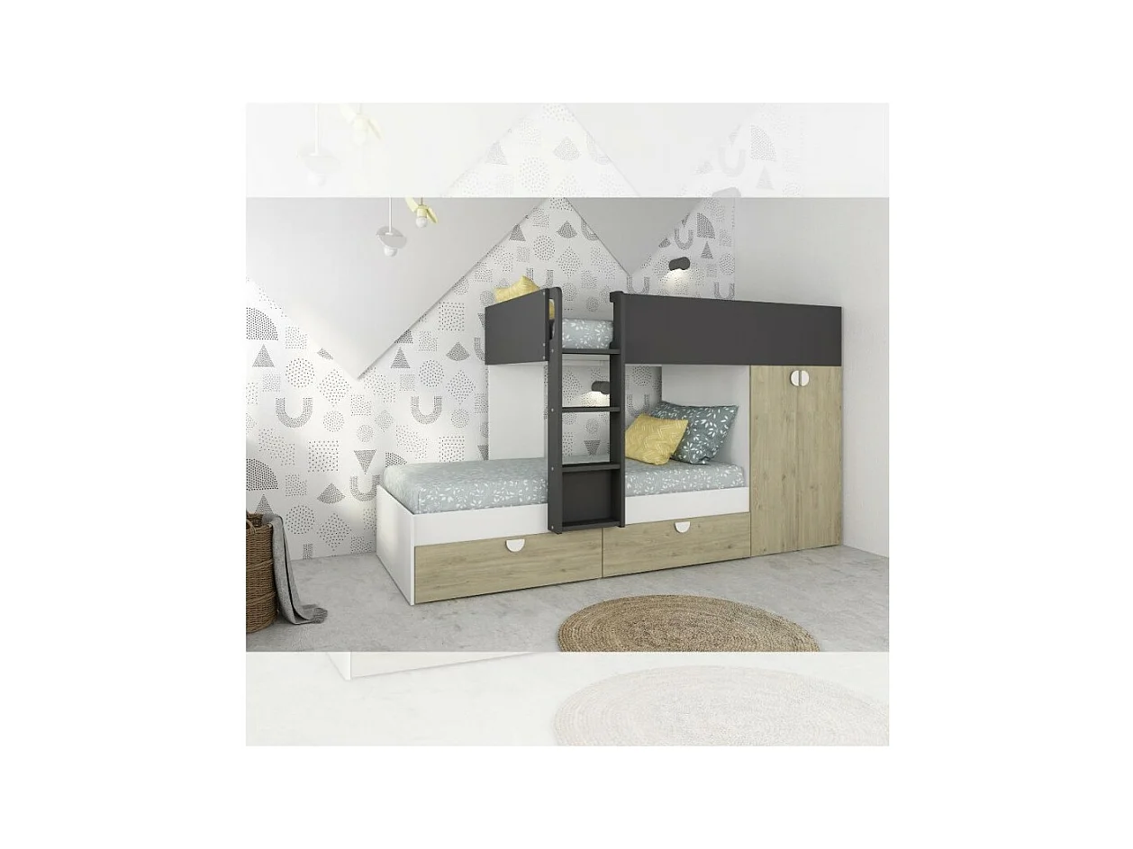Letto a castello rovere e antracite con armadio 2 ante e cassetti