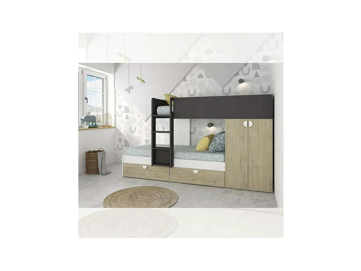 Letto a castello rovere e antracite con armadio 2 ante e cassetti