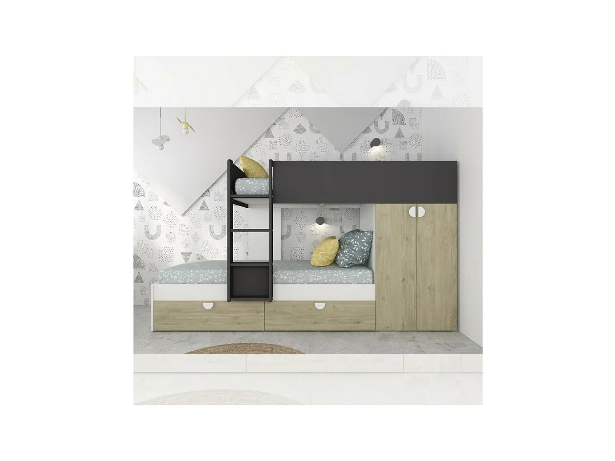 Letto a castello rovere e antracite con armadio 2 ante e cassetti