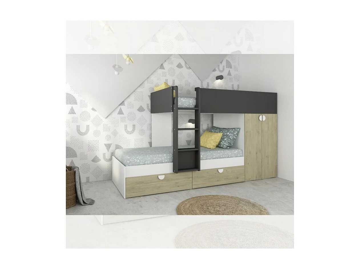 Letto a castello rovere e antracite con armadio 2 ante e cassetti