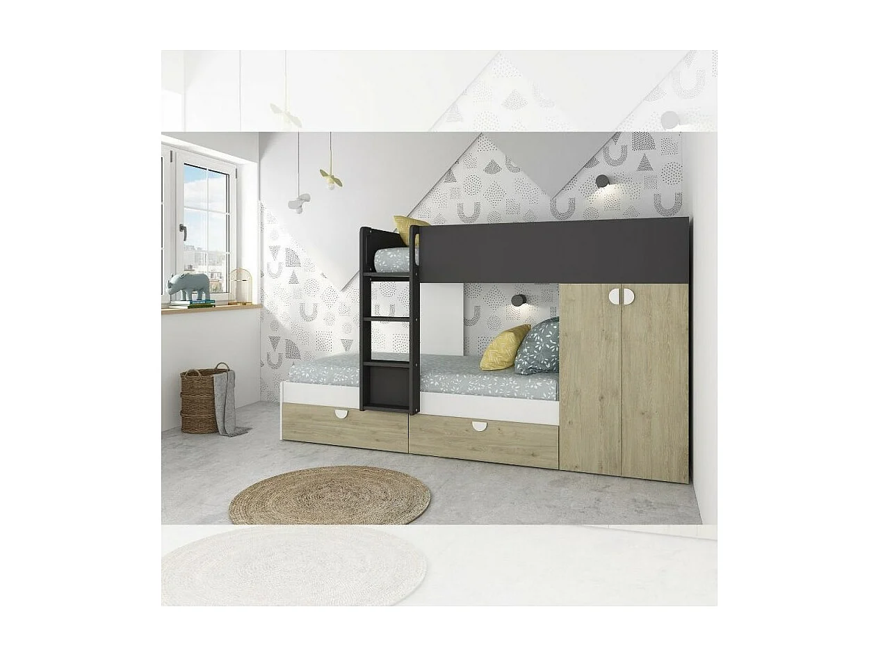 Letto a castello rovere e antracite con armadio 2 ante e cassetti