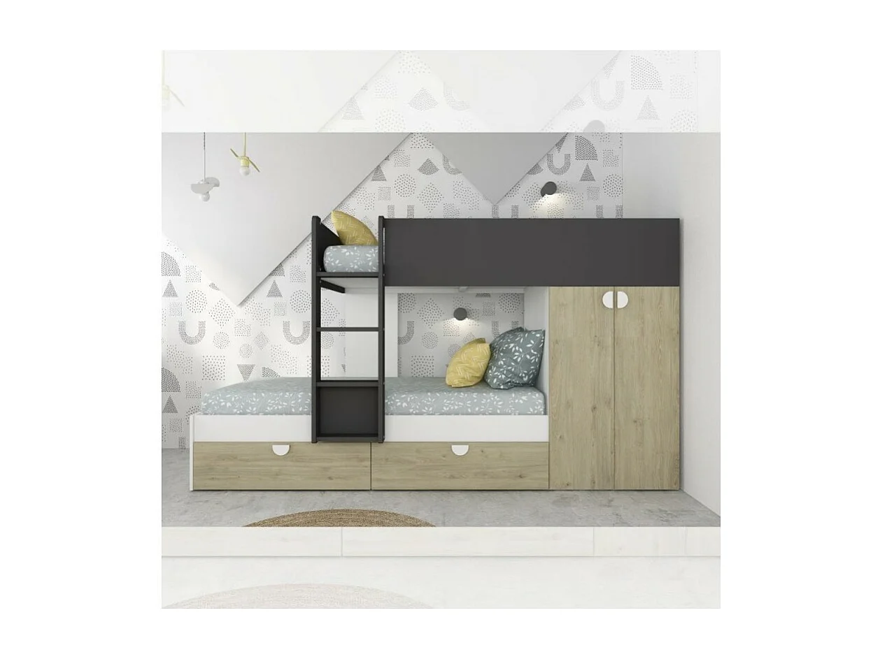 Letto a castello rovere e antracite con armadio 2 ante e cassetti