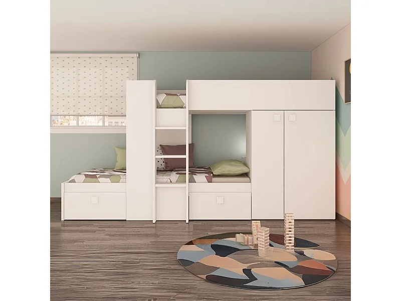 Letto a castello bianco con armadio e cassetti 1277 295x110x150H
