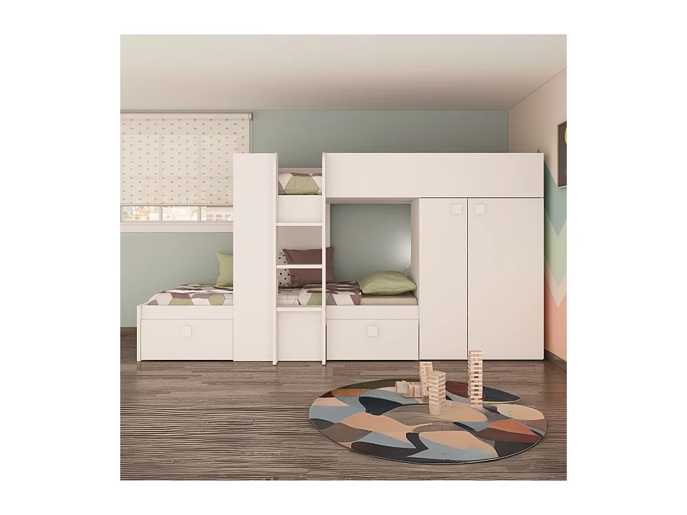 Letto a castello bianco con armadio e cassetti 1277 295x110x150H