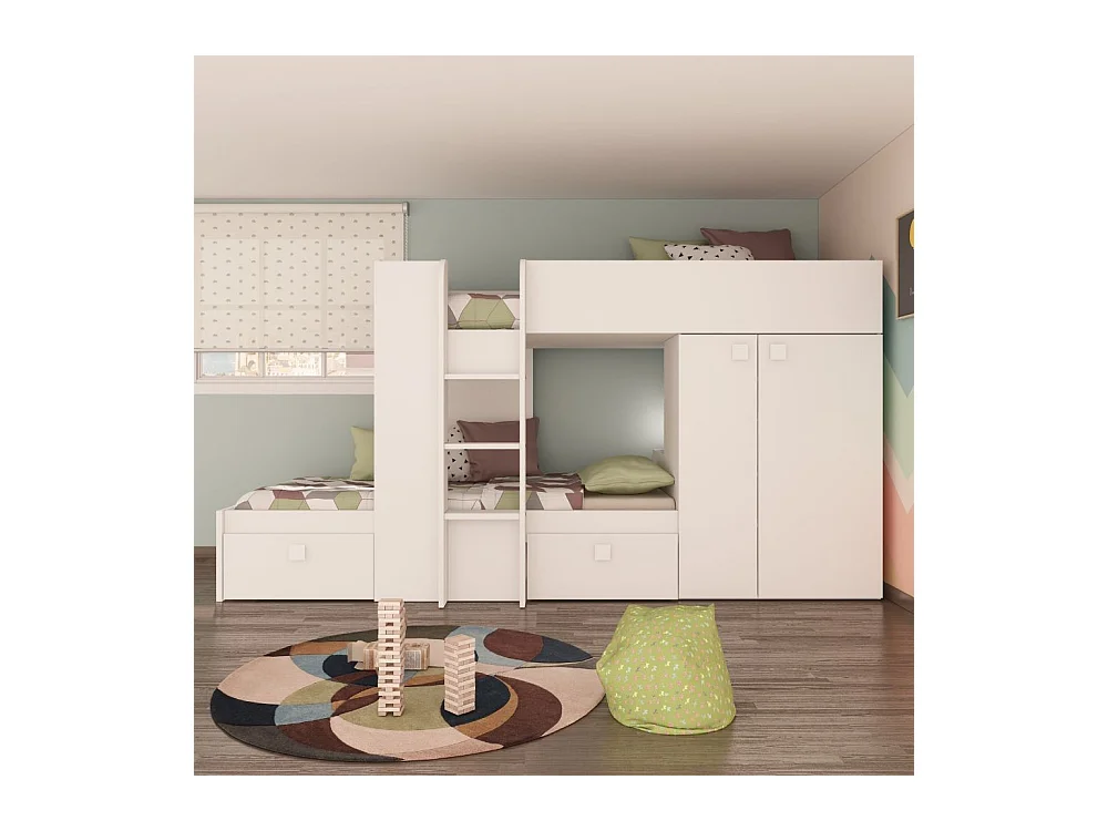 Letto a castello bianco con armadio e cassetti 1277 295x110x150H