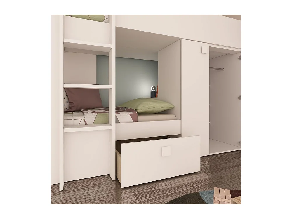 Letto a castello bianco con armadio e cassetti 1277 295x110x150H