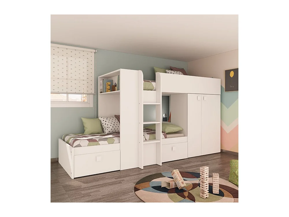 Letto a castello bianco con armadio e cassetti 1277 295x110x150H