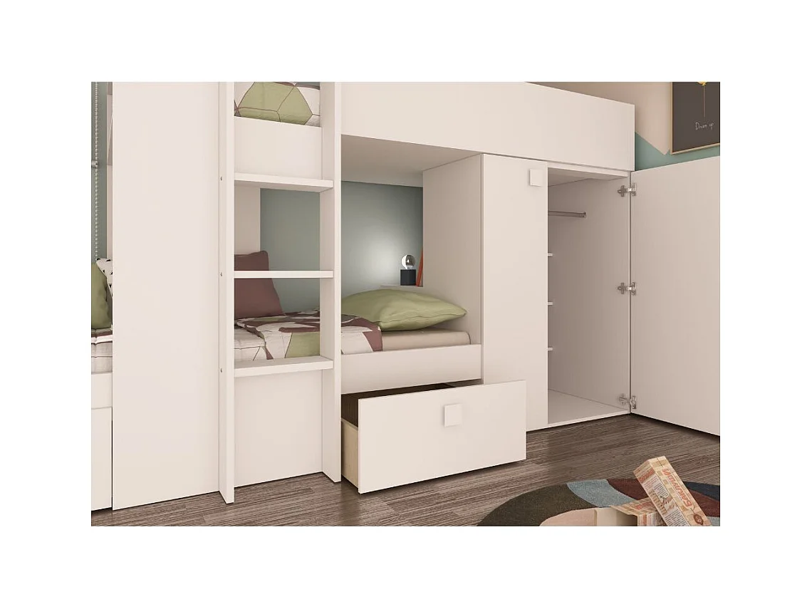 Letto a castello bianco con armadio e cassetti 1277 295x110x150H