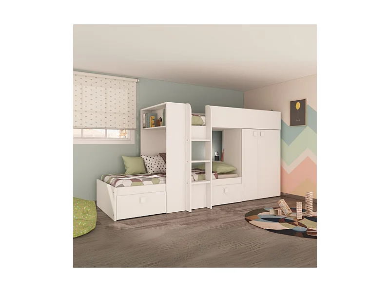 Letto a castello bianco con armadio e cassetti 1277 295x110x150H