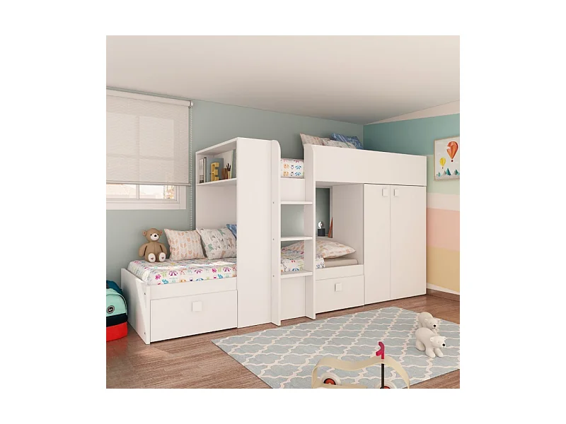 Letto a castello bianco con armadio e cassetti 1277 295x110x150H