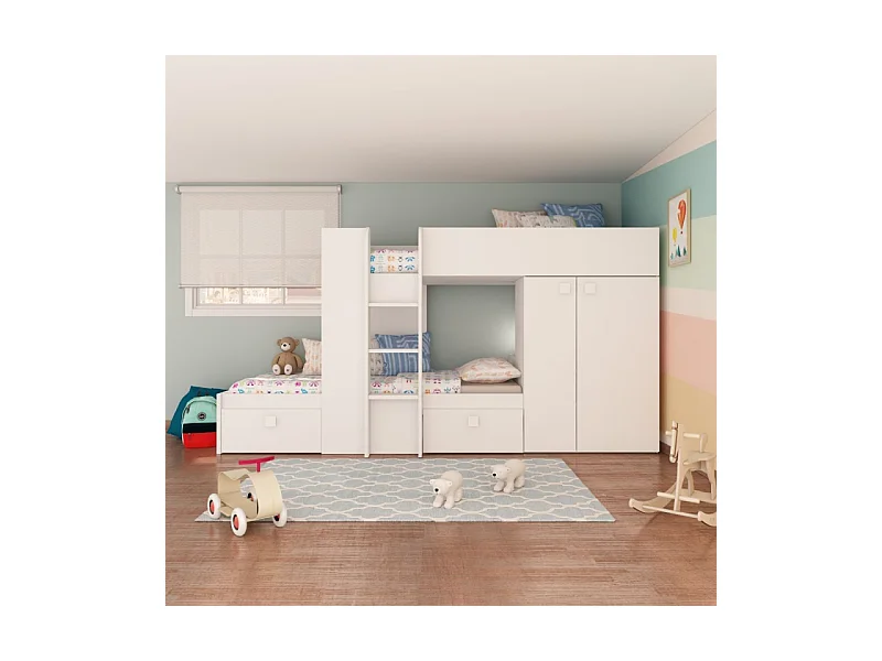 Letto a castello bianco con armadio e cassetti 1277 295x110x150H