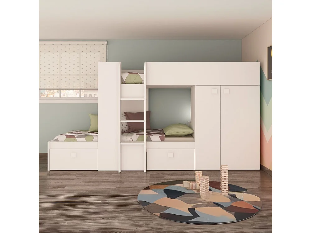 Letto a castello bianco con armadio e cassetti 1277 295x110x150H