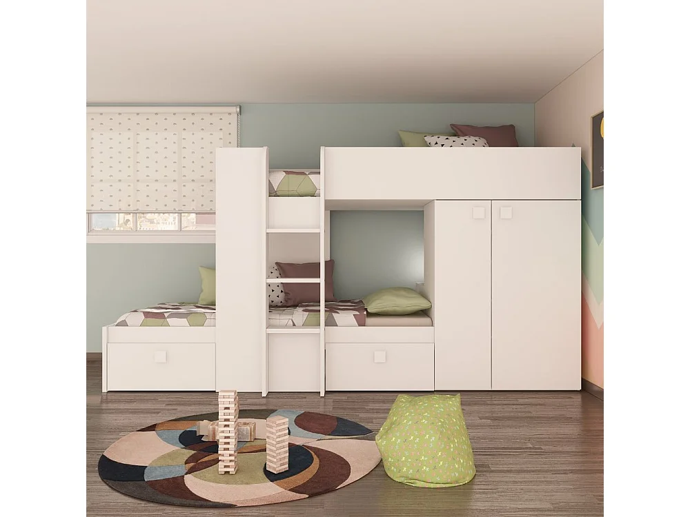 Letto a castello bianco con armadio e cassetti 1277 295x110x150H