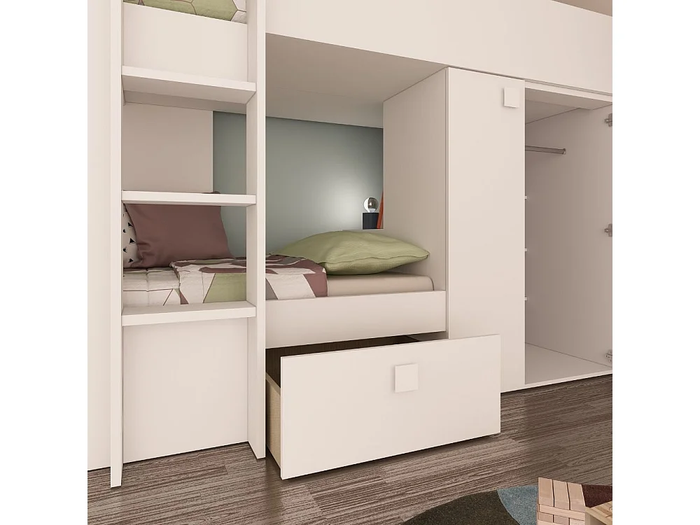 Letto a castello bianco con armadio e cassetti 1277 295x110x150H