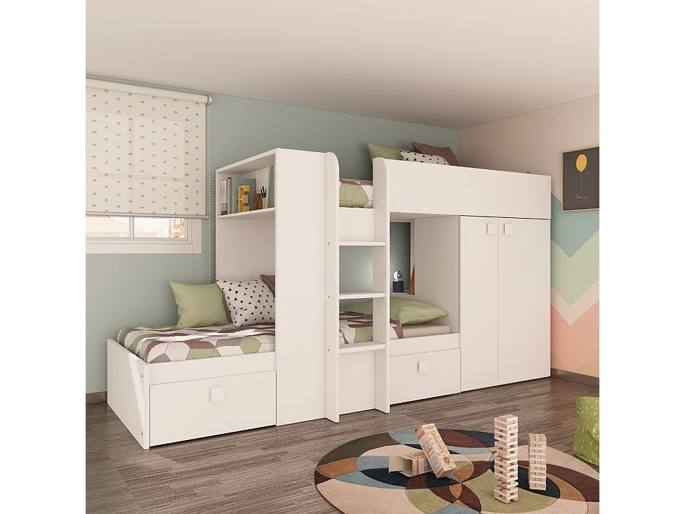 Letto a castello bianco con armadio e cassetti 1277 295x110x150H