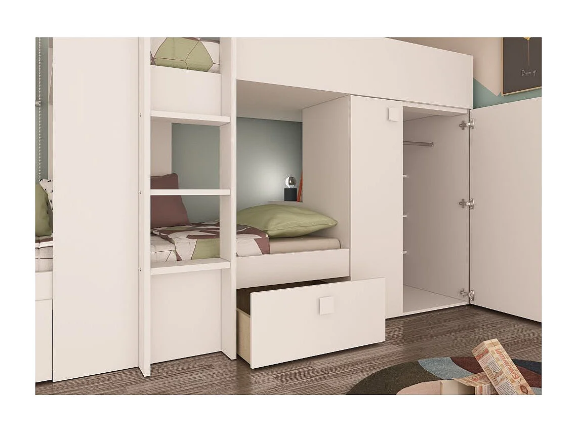 Letto a castello bianco con armadio e cassetti 1277 295x110x150H