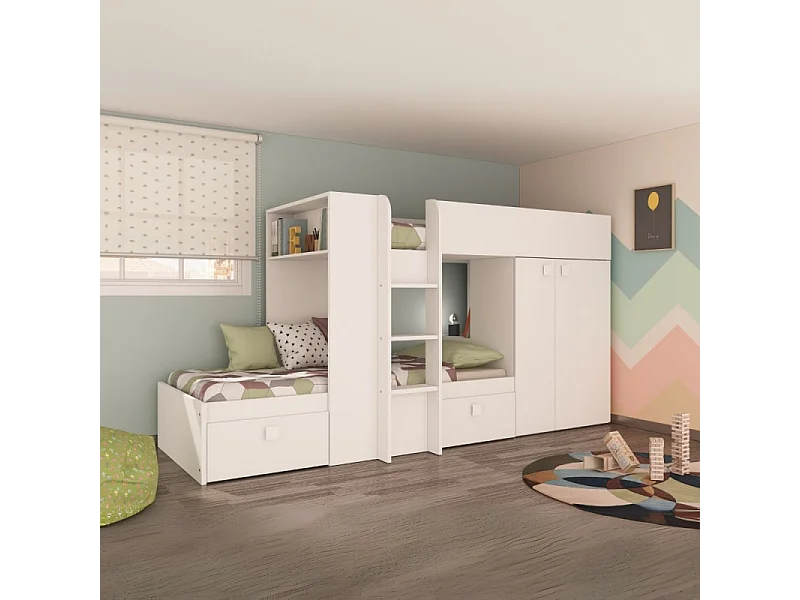 Letto a castello bianco con armadio e cassetti 1277 295x110x150H