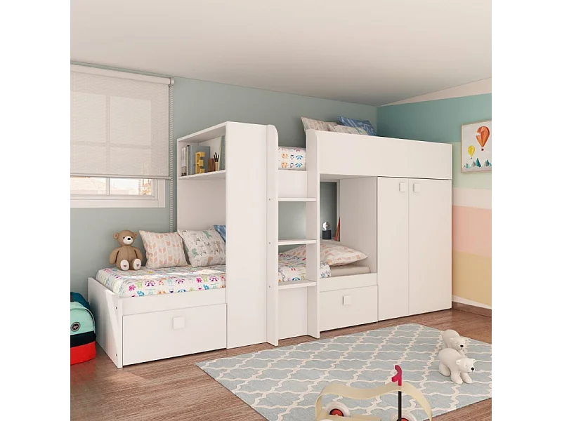 Letto a castello bianco con armadio e cassetti 1277 295x110x150H