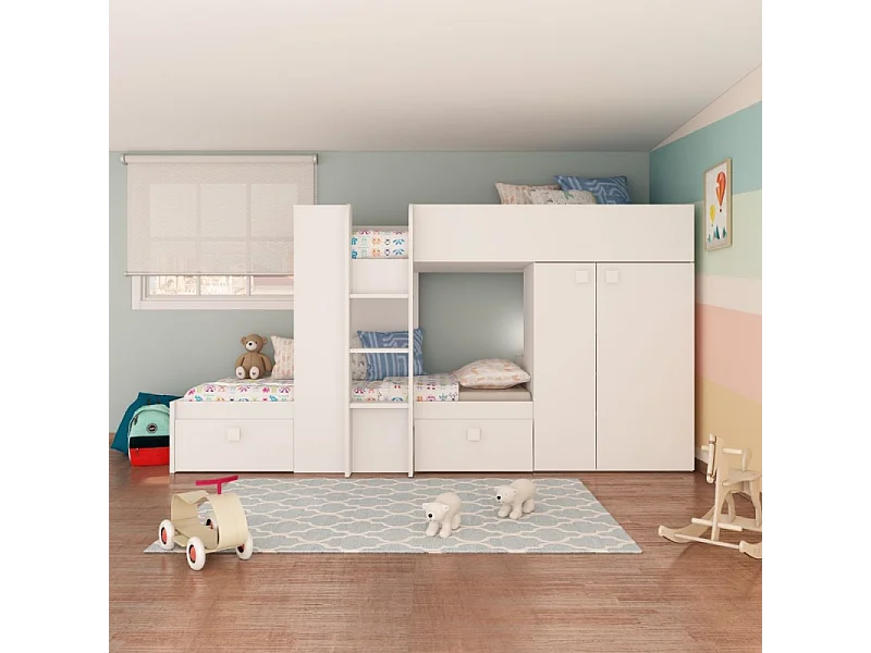 Letto a castello bianco con armadio e cassetti 1277 295x110x150H
