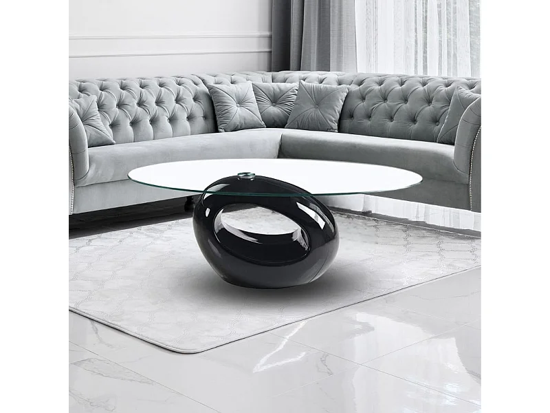 Tavolino da salotto con piano in vetro ovale e struttura nero lucido 115x65x40 Miranda