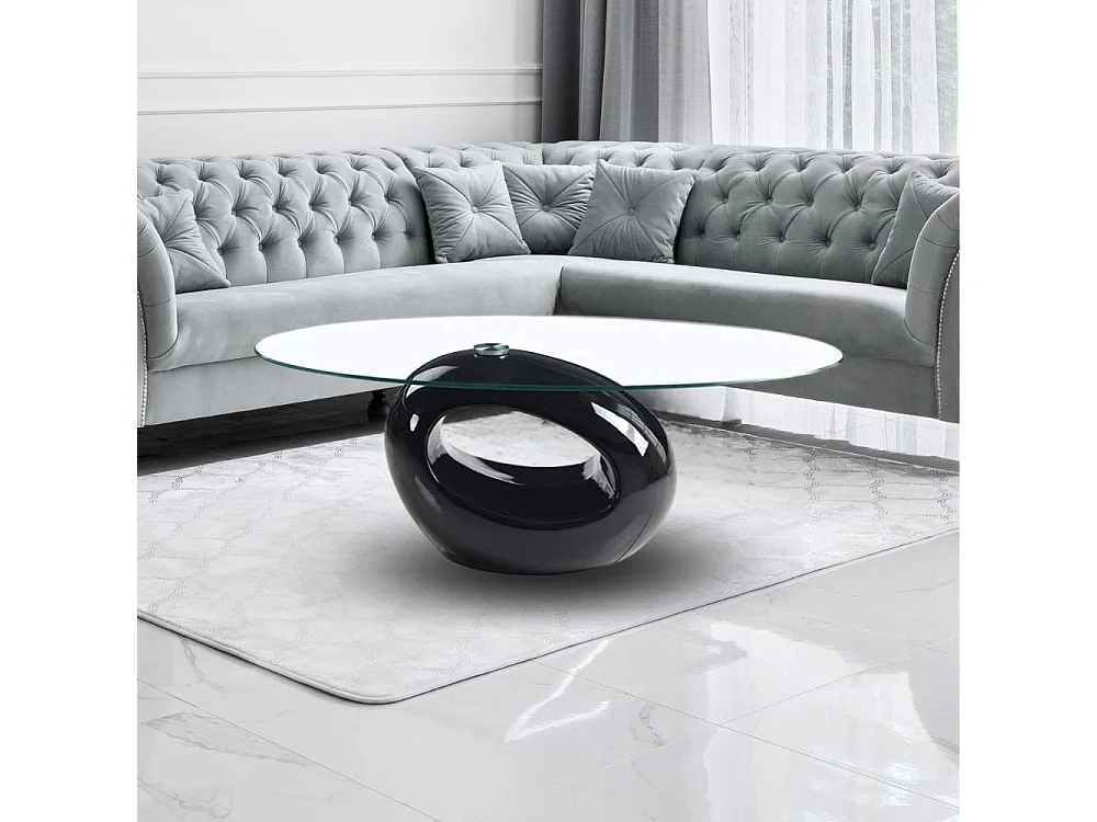 Tavolino da salotto con piano in vetro ovale e struttura nero lucido 115x65x40 Miranda