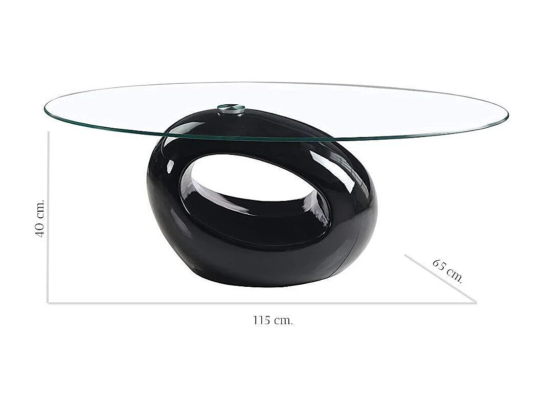 Tavolino da salotto con piano in vetro ovale e struttura nero lucido 115x65x40 Miranda