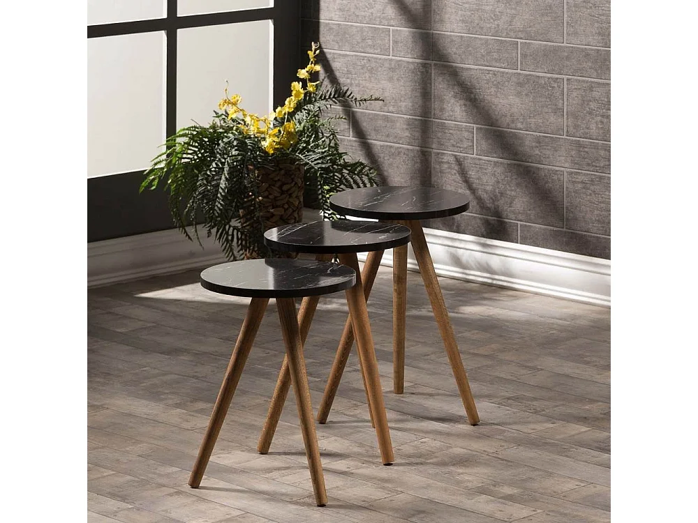 Tris Tavolini da caffè nero gambe in legno Nisa 38