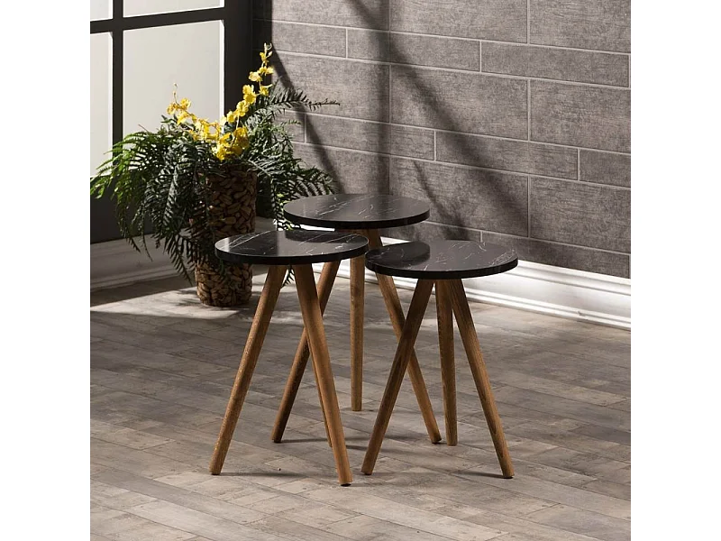 Tris Tavolini da caffè nero gambe in legno Nisa 38