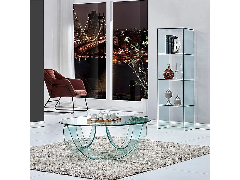 Tavolino rotondo da salotto in vetro temperato curvato Carpino 100x100x36