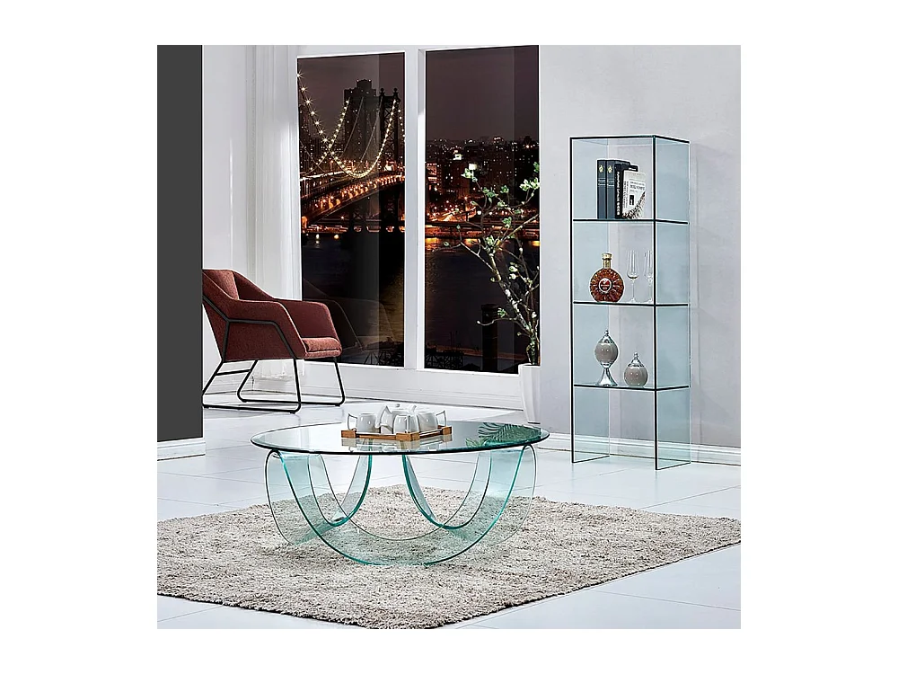 Tavolino rotondo da salotto in vetro temperato curvato Carpino 100x100x36