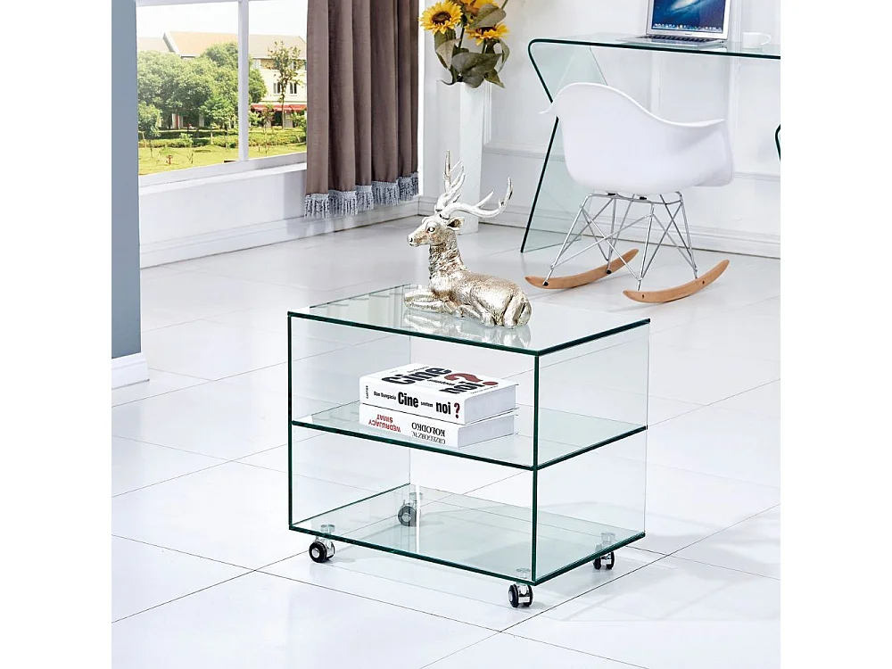 Tavolino da salotto in vetro temperato con ruote Corniolo 60x40x53H